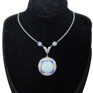 Silver Tone Metal Pendent Chain Link Necklace Pink Blue